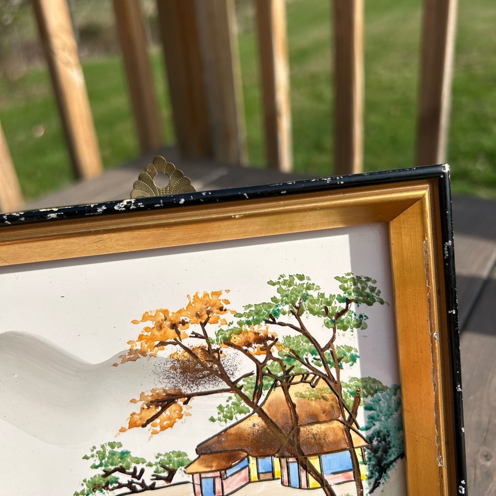 Vintage Japanese White w/ Black frame Landscape Water Fishing 7”x7” Japan - Picture 3 of 13